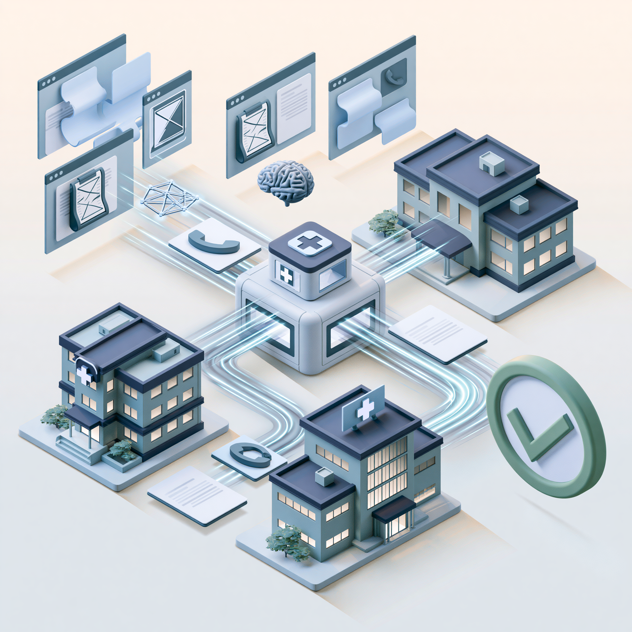 Isometric illustration of a medical prior-authorization workflow: hospitals, clinics, and payers connected through a central platform that routes documents, faxes, and AI-assisted review toward an approved status