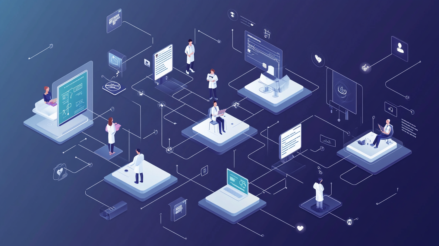 Isometric illustration of interconnected healthcare workflows, clinical teams, and digital systems